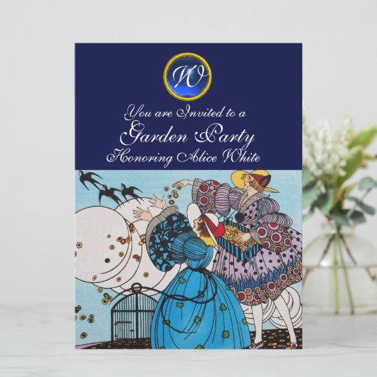 SPRING BIRDS GARDEN PARTY, SAPPHIRE GEM MONOGRAM KAART (Staand voorkant)