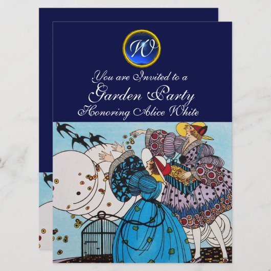 SPRING BIRDS GARDEN PARTY, SAPPHIRE GEM MONOGRAM KAART (Voorkant / Achterkant)