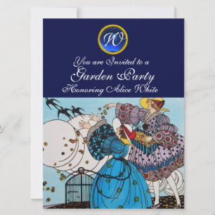 SPRING BIRDS GARDEN PARTY, SAPPHIRE GEM MONOGRAM KAART