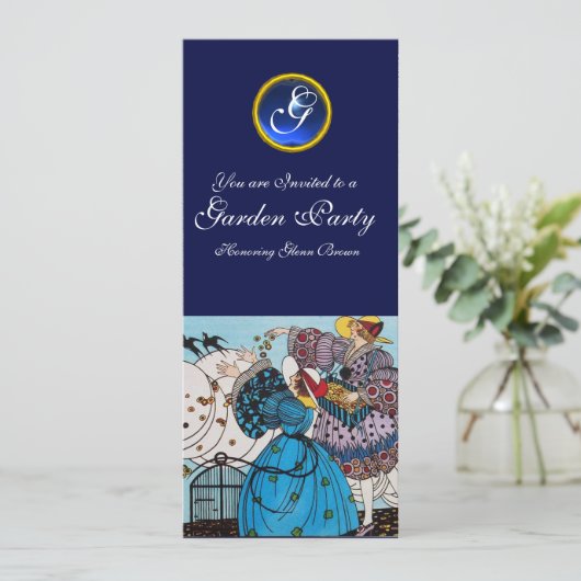 SPRING BIRDS GARDEN PARTY, SAPPHIRE GEM MONOGRAM KAART (Staand voorkant)