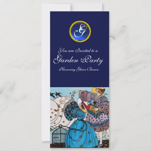 SPRING BIRDS GARDEN PARTY, SAPPHIRE GEM MONOGRAM KAART (Voorkant)