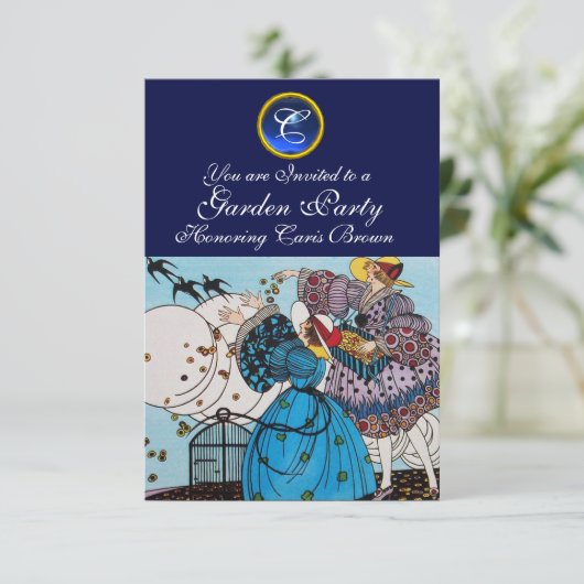 SPRING BIRDS GARDEN PARTY, SAPPHIRE GEM MONOGRAM KAART (Staand voorkant)