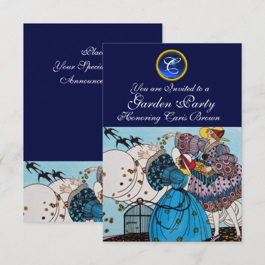 SPRING BIRDS GARDEN PARTY, SAPPHIRE GEM MONOGRAM KAART (Voorkant / Achterkant)