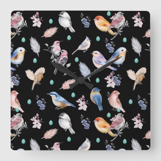 Spring Birds Pattern Vierkante Klok (Voorkant)