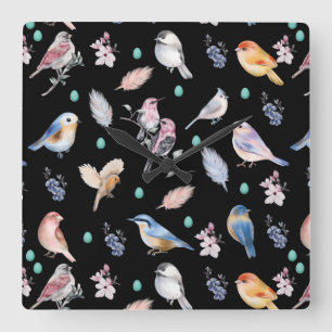 Spring Birds Pattern Vierkante Klok