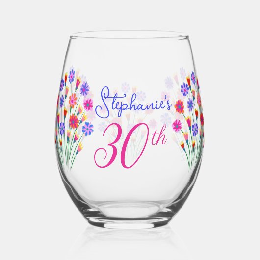 Spring Bloem Boeket Hand geschilderd 30e verjaarda Wijnglas Zonder Voet (Voorkant)