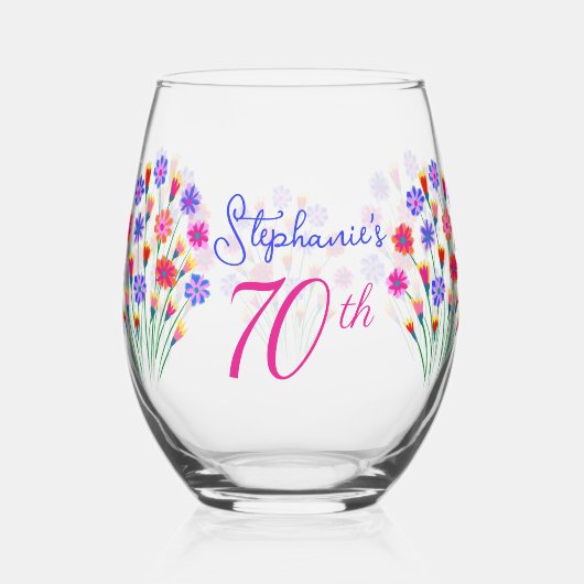 Spring Bloem Boeket Hand geschilderd 70e verjaarda Wijnglas Zonder Voet (Voorkant)