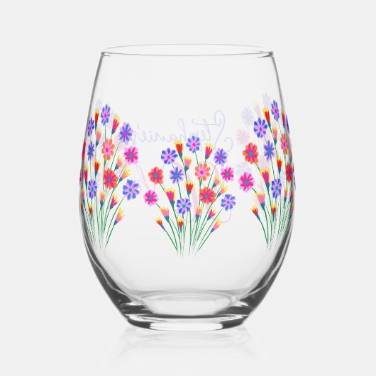 Spring Bloem Boeket Hand geschilderd 80e verjaarda Wijnglas Zonder Voet (Achterkant)