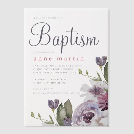 Spring Bloemen Paarse Bloemen Doop Vellum Uitnodigingen (Voorkant)