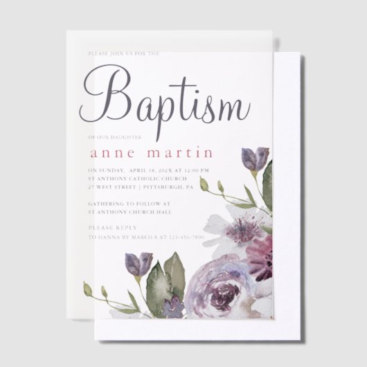 Spring Bloemen Paarse Bloemen Doop Vellum Uitnodigingen (Offset)