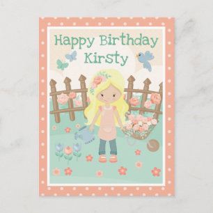 Spring Blonde Girl in de perzikbloementuin Birthda Briefkaart