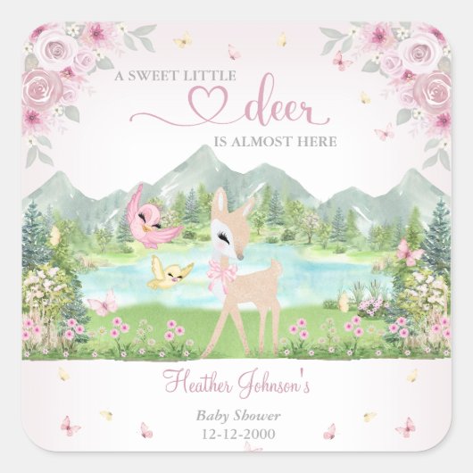 Spring Bloom and Butterflies Deer Baby Shower  Vierkante Sticker (Voorkant)