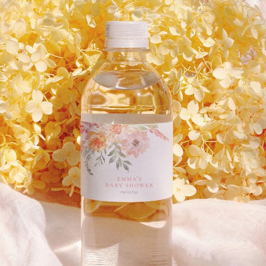 Spring Bloom Floral Pink Girl Baby Shower Waterfles Etiket
