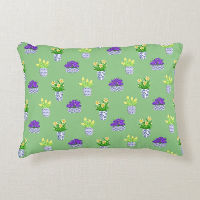 Spring Blooms in Blue & White Pots Accent Pillow Accent Kussen (Voorkant)