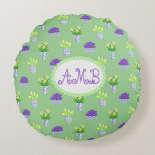 Spring Blooms in Blue & White Pots Accent Pillow Rond Kussen