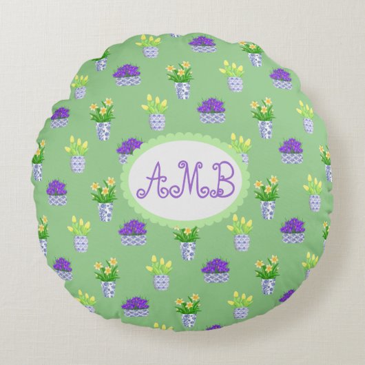 Spring Blooms in Blue & White Pots Accent Pillow Rond Kussen (Voorkant)