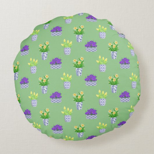 Spring Blooms in Blue & White Pots Accent Pillow Rond Kussen (Achterkant)