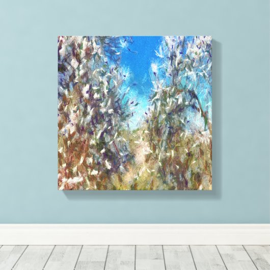 Spring Blossom Almond Tree Pointillism Artwork Canvas Afdruk (Insitu (Houten vloer))