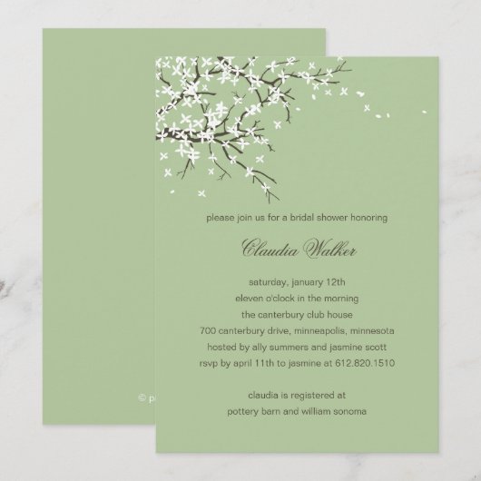 Spring Blossom Bridal Shower Invitation (Sage) Kaart (Voorkant / Achterkant)