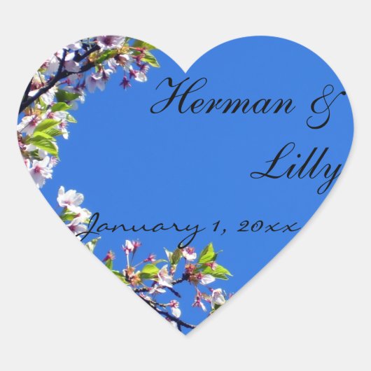 Spring Blossom en Blue Sky Personalized Wedding Hart Sticker (Voorkant)