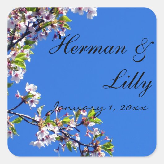 Spring Blossom en Blue Sky Personalized Wedding Vierkante Sticker (Voorkant)