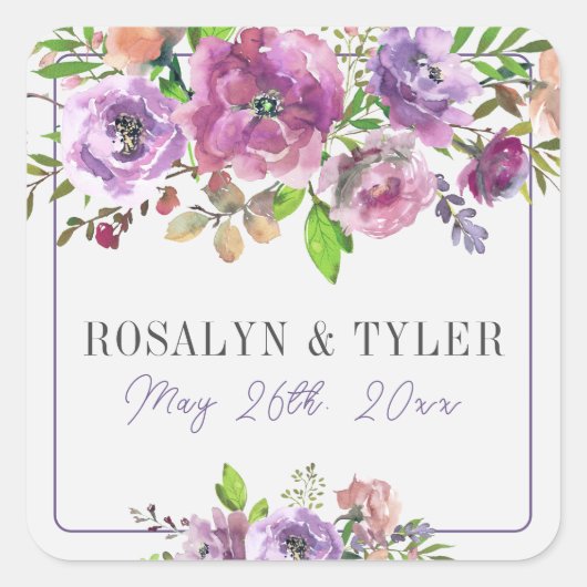 Spring Blossom Floral Paars Peach Violet Weddensch Vierkante Sticker (Voorkant)