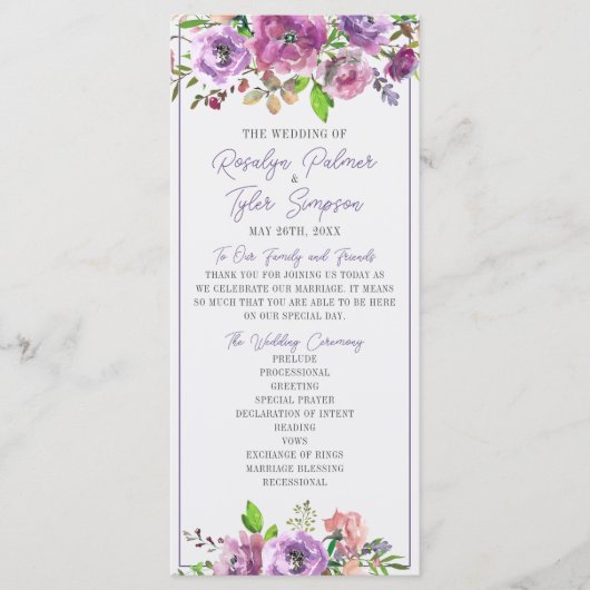 Spring Blossom Floral Paarse Wedding Ceremonony Programmakaart (Voorkant)