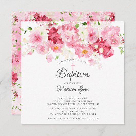 Spring Blossom Pink Floral Baptism Uitnodiging (Voorkant / Achterkant)