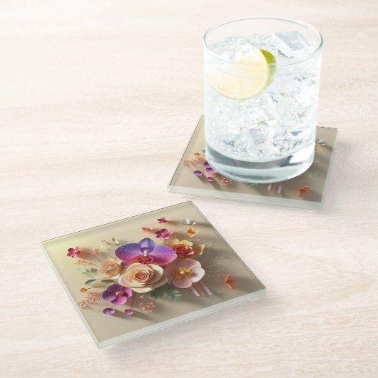 Spring Blossoms 3D Wenskaart - Levendige Rozen Glazen Onderzetter (Schuin)