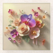 Spring Blossoms 3D Wenskaart - Levendige Rozen Glazen Onderzetter (Voorkant)