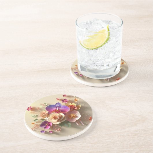 Spring Blossoms 3D Wenskaart - Levendige Rozen Zandsteen Onderzetter (Zijkant)