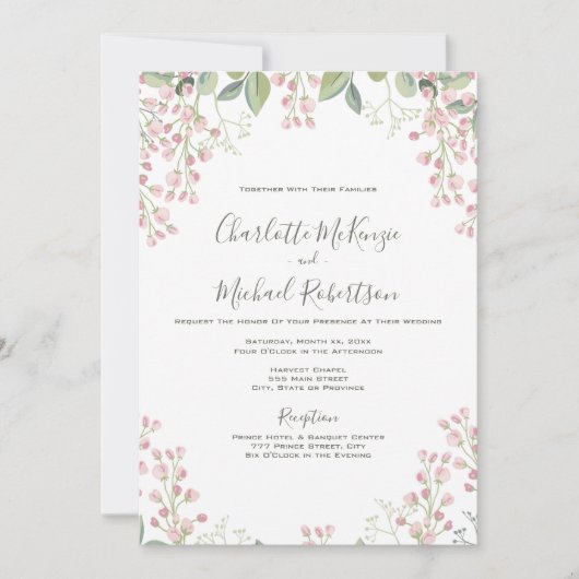 Spring Blossoms Roze Bloemen Munt met RSVP bruilof Kaart (Voorkant)