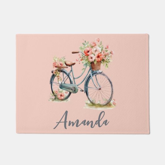 Spring Blue Bicycle Flowers op Bord Roze Deurmat (Voorkant)