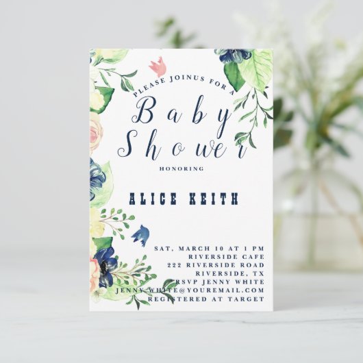 Spring Blue Floral Baby shower Invitation Save The Date (Staand voorkant)