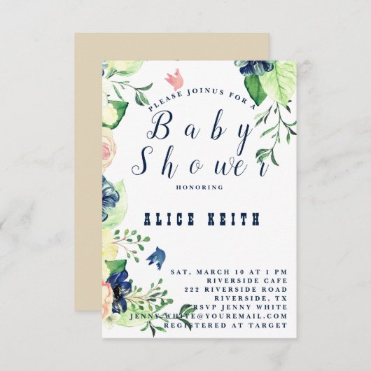 Spring Blue Floral Baby shower Invitation Save The Date (Voorkant / Achterkant)