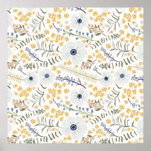 Spring Blue Green Yellow Botanical Flowers Poster (Voorkant)