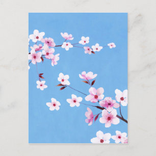 Spring Blue Sky Cherry Blossom Flowers Warecolor Feestdagenkaart