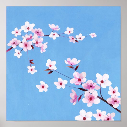 Spring Blue Sky Cherry Blossom Flowers Warecolor Poster (Voorkant)