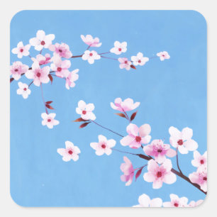 Spring Blue Sky Cherry Blossom Flowers Warecolor Vierkante Sticker