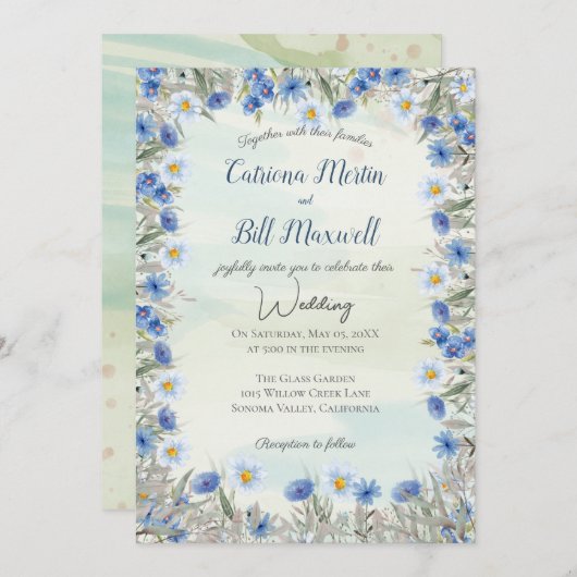 Spring Blue Wildflower Acryl Huwelijksuitnodiging Kaart (Voorkant / Achterkant)