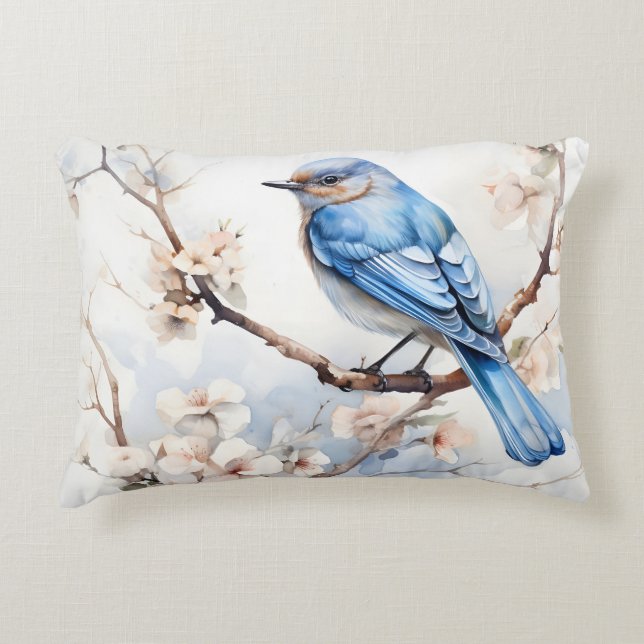Spring Bluebird in de bloeiende boom Accent Kussen (Voorkant)