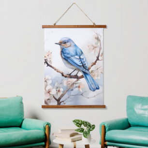 Spring Bluebird in de bloeiende boom Hangend Wandkleed