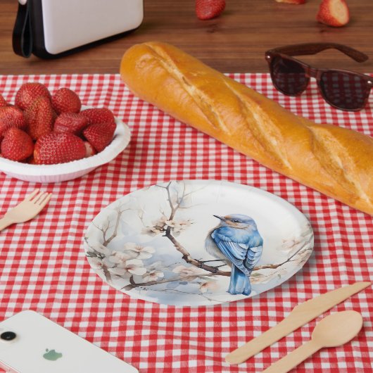 Spring Bluebird in de bloeiende boom Papieren Bordje (Picknick)