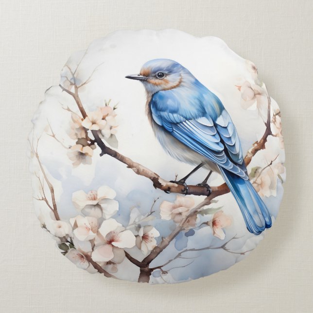 Spring Bluebird in de bloeiende boom Rond Kussen (Voorkant)