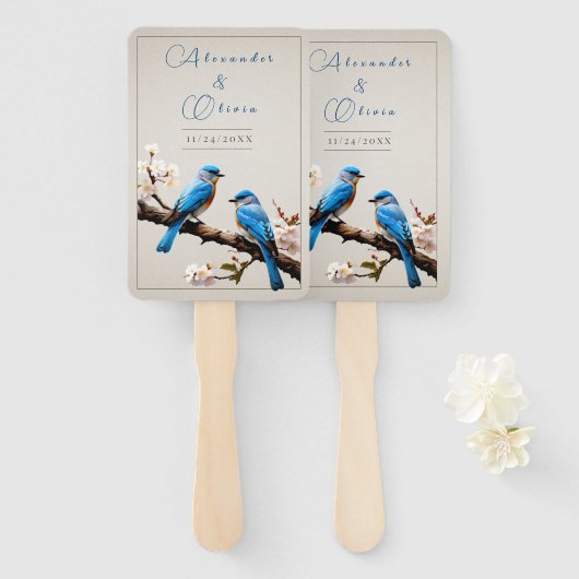 Spring Bluebirds Bruiloft Handwaaier (Voorkant en achterkant)