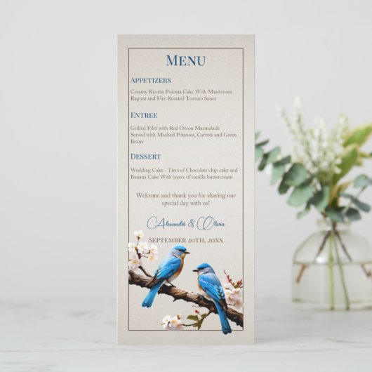 Spring Bluebirds Bruiloft Menu (Staand voorkant)