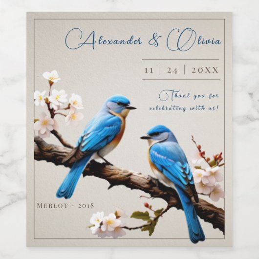 Spring Bluebirds Bruiloft Wijn Etiket (Enkel label)