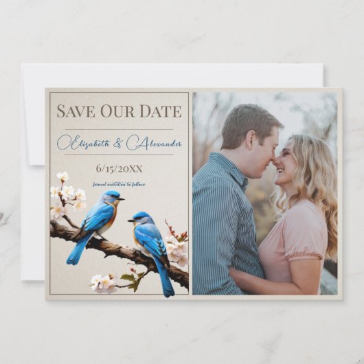 Spring Bluebirds Foto Opslaan van de datum Aankondiging (Voorkant)