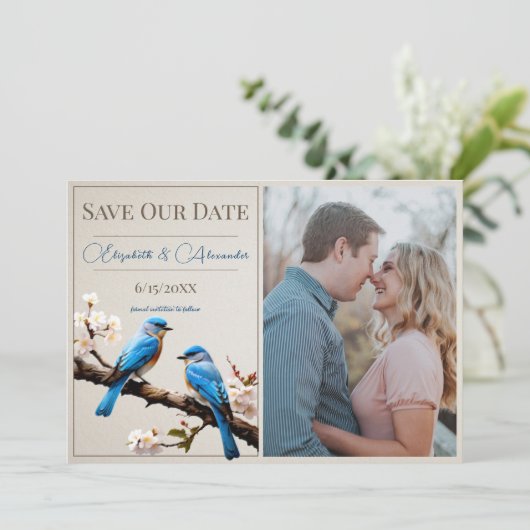 Spring Bluebirds Foto Opslaan van de datum Aankondiging (Staand voorkant)