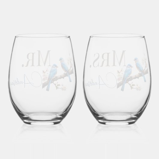 Spring Bluebirds Mr en Mrs Wijnglas Zonder Voet (Achterkant)